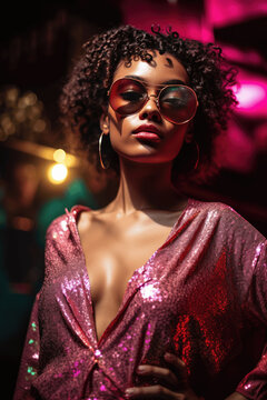 Party dressed woman wearing sunglasses and pink dressed isolated on a blurred party background