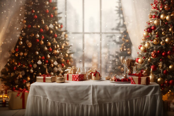 ..Festive Chistmas or New Year decorated table with gifts against cozy room with Christmas tree, gifts, treats and bokeh light. Generative AI