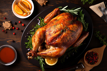 Traditional festive celebration with delicious roasted Thanksgiving  turkey created with generative ai
