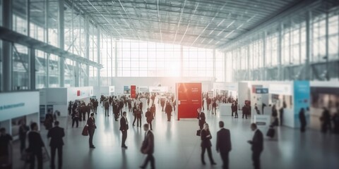 Background of an expo or convention with blurred individuals in an exposition hall. Concept image for a international exhibition, conference center, corporate marketing, or event fair. - obrazy, fototapety, plakaty