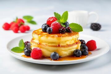 classic american pancakes with berries and maple syrup for breakfast