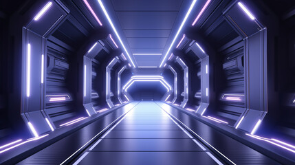 A 3D rendering of a spaceship's neon interior against a futuristic space station corridor..