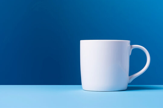 A white cup on a blue background. Minimalism.
