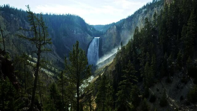 Beautiful Yellowstone Valley, Waterfall And Forest - Locked Off Wide Shot