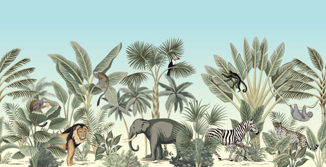 Safari elephant, lion, zebra, monkey, toucan, palms, banana trees mural. African landscape.