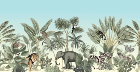Foto op Plexiglas Safari elephant, lion, zebra, monkey, toucan, palms, banana trees mural. African landscape. © good_mood