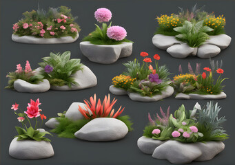 Obraz na płótnie Canvas Garden design flower plants and rocks on transparent backgrounds 3d rendering. Generative AI