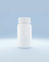 White medical container of pills on light blue background. Drugs and health supplement pills into medicine white bottle health care and medical top view on colored blue background.