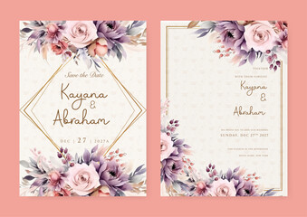 Pink and purple violet rose and peony beautiful wedding invitation card template set with flowers and floral