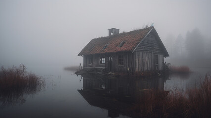 Lake house in the fog