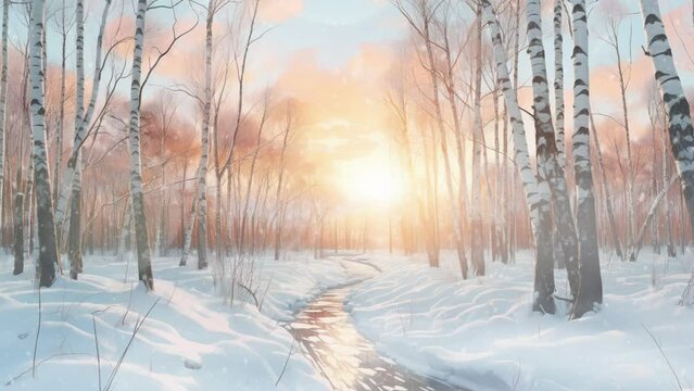 Winter scenery. Ski walking path in the middle of a birch alley. Winter Forest Park. snowing animation background