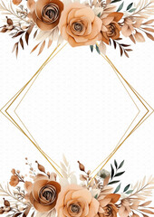 Brown watercolor hand painted background template for Invitation with flora and flower