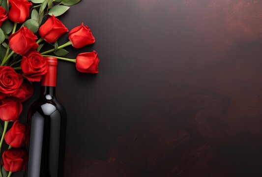 Bouquet of red roses and  bottle of wine on dark background with copy space. Top view, flat lay. Card notes. Valentine's Day. Women's Day. Mother's Day.