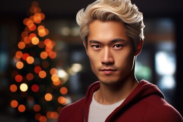 Fototapeta premium Man in Red Hoodie with Christmas Tree Background