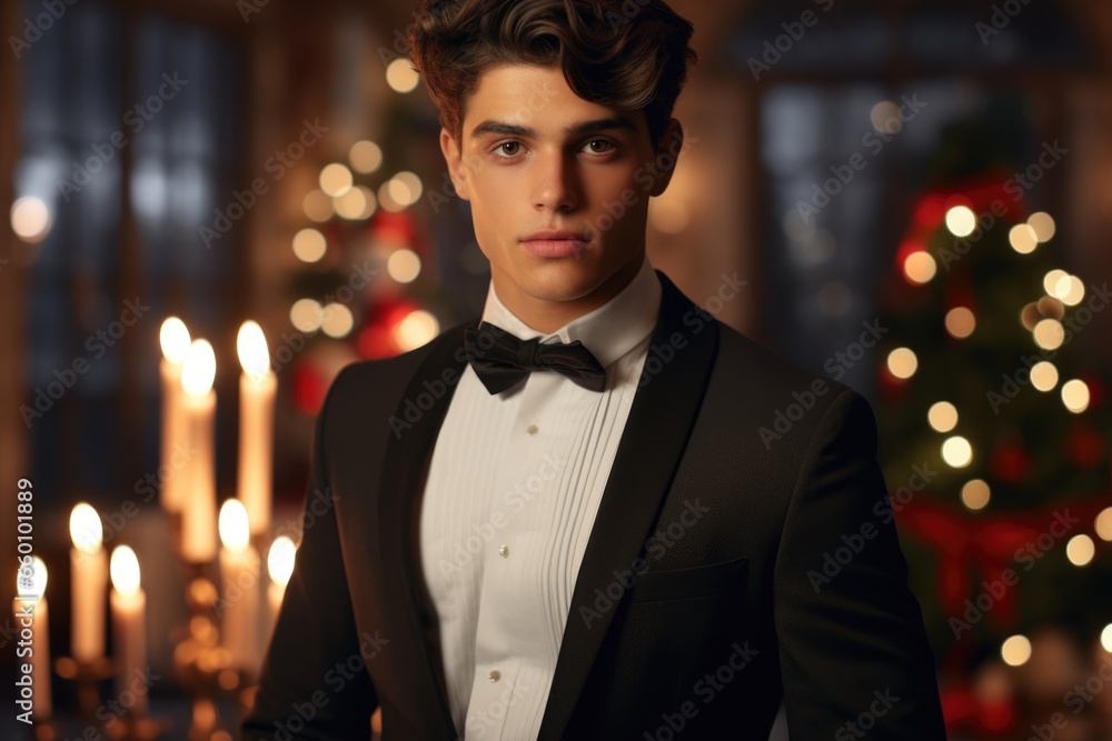 Aufkleber man in tuxedo standing in front of christmas tree