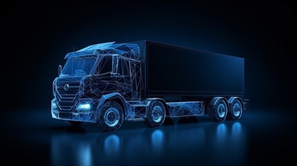 Polygonal 3d truck on dark blue background. Online cargo delivery service, logistics or tracking app concept. Abstract vector illustration of online freight delivery service.