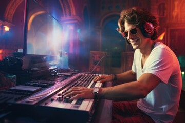 Fototapeta na wymiar Man Sitting at Keyboard with Headphones