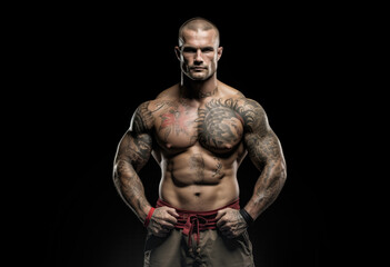 Fototapeta na wymiar Muscular man, MMA fighter, studio portrait on black background. Generative AI