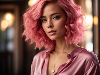 Fototapeta premium An alluring portrait showcases a young woman with vibrant pink hair, exuding confidence and style. She wears a chic and fashionable top that complements her overall look. 