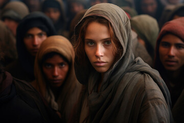 Emigration, refugees, world social problems concept. Portrait of a beautiful poor woman in a crowd of oppressed people