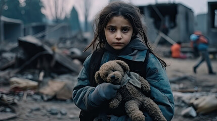 Soldier holds a child refugee little girl sad from being forced to flee her home. Child in the war conflict on the ruins, the concept of peace and war, sad child. Humanitarian disaster