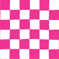 seamless repeating pattern with hand drawn checkerboard in barbie pink and white. Fuchsia pink checker