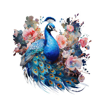 Beautiful vector watercolor illustration of a peacock among flowers.