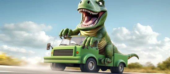 Keuken foto achterwand Auto cartoon Dinosaur cartoon character,T-Rex Riding a car