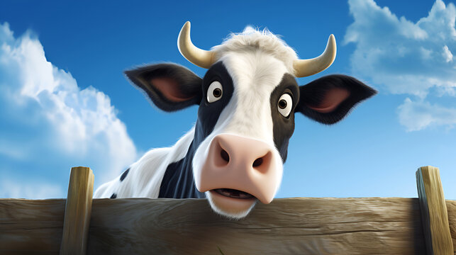 Illustration of a cow looking over a fence against a blue sky 1