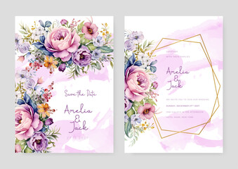Colorful colourful rose wedding invitation card template with flower and floral watercolor texture vector