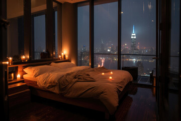 Rain-kissed Dreams: Candlelit Skyscraper Bedroom