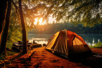 Camping Serenity: Tent Pitched in a Peaceful Forest by the River