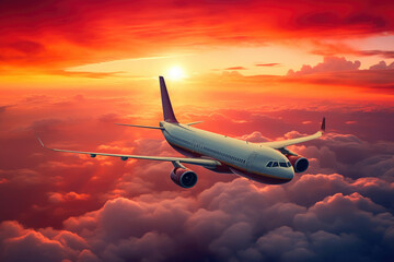 Fototapeta na wymiar Aerial Adventure: Jetliner and Vibrant Sunset