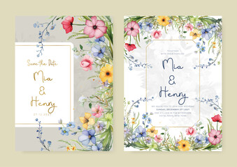 Colorful colourful poppy artistic wedding invitation card template set with flower decorations