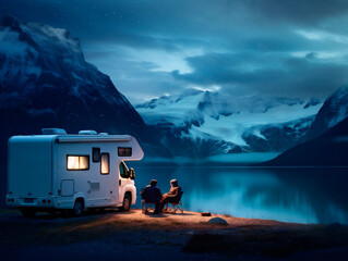Couple with their motorhome contemplating snowy landscape at night, ai generated