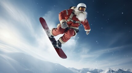A person in a costume of Santa Claus jumps on a snowboard against the sky. Lots of copy space.