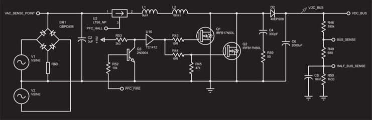 Vector diagram of an electrical schematic
of an electronic device.
Drawing circuit with resistor, capacitor, inductor, diode bridge, 
other electronic components.