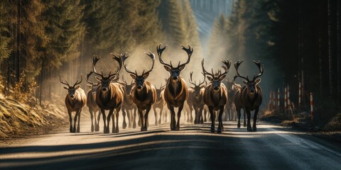 A herd of moose crosses the road. Wild animals on the road, safe driving.