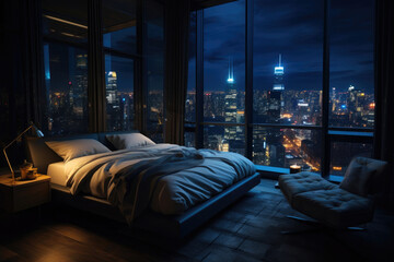 City Night Serenity: Bedroom by the Skyscrapers - obrazy, fototapety, plakaty