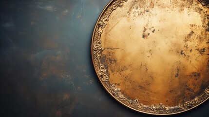 Round Antique Gold Frame on the wall. Antique gold texture background. Horizontal format for banners, posters. Copy space. Photo AI generated.