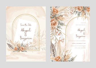 Beige rose elegant wedding invitation card template with watercolor floral and leaves