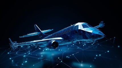 Polygonal 3d airplane in dark blue background. Online logistic, transportation service. Abstract vector rendering illustration. - obrazy, fototapety, plakaty