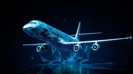 Polygonal 3d airplane in dark blue background. Online logistic, transportation service. Abstract vector rendering illustration.