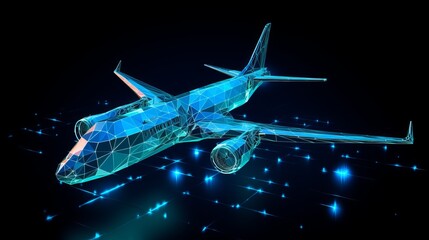 Fototapeta na wymiar Polygonal 3d airplane in dark blue background. Online logistic, transportation service. Abstract vector rendering illustration.