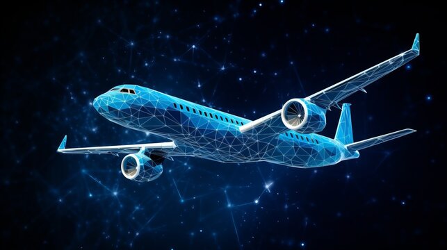 Polygonal 3d airplane in dark blue background. Online logistic, transportation service. Abstract vector rendering illustration.