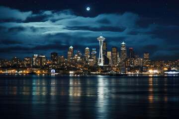Fototapeta na wymiar Midnight Serenity: Seattle under the Moon