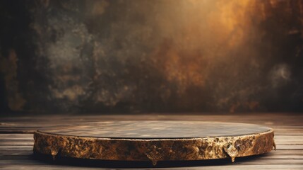 Antique gold platform stand on wooden table. Antique gold podium. Copy space. Horizontal format for banners, posters, prints, advertising. Photo AI generated.