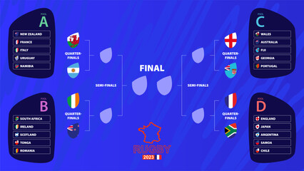 Rugby 2023 playoff match schedule filled until the quarterfinals  with national flags of international rugby tournament participants. - obrazy, fototapety, plakaty