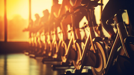 people biking in spinning class at modern gym, exercising on stationary bike. group of caucasian people athletes training on exercise bike