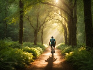 A serene scene captures the back view of a man cycling through a lush forest in the early morning light. The canopy of trees creates a natural tunnel.